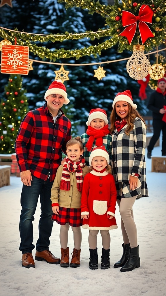 A family of five in Christmas outfits, smiling in a snowy outdoor setting with holiday decorations.